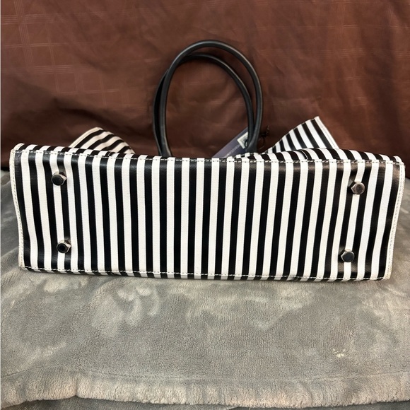 Rebecca Minkoff MAB Tote Black White Stripe Canvas Leather Handles - Picture 7 of 10
